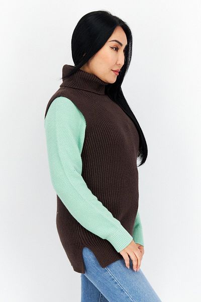 comma Women Mock Neck Sleeveless Textured Sweater, Brown