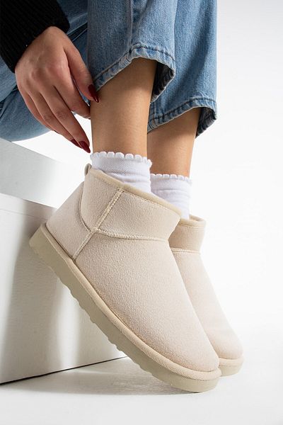 Seniorah Liana Cream Suede Thin Sole Women's Boots with Fur Inside