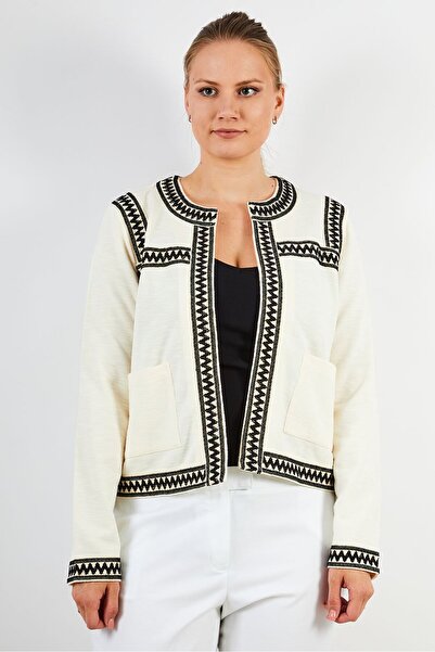 ONE STEP Women Split Neck Embroidered Cardigan, Cream