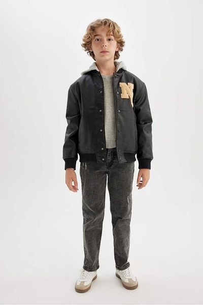 DeFacto Boy's Water Repellent Removable Hooded College Collar Faux Leather Bomber Coat C4326A824Au
