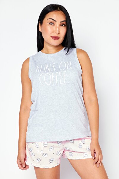 Rae dunn طقم بيجامة نسائي مكون من قطعتين توب داخلي بطبعة جرافيكية وشورت، رمادي