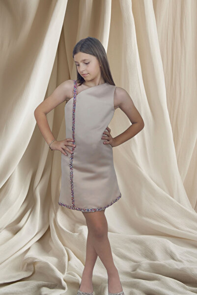 GİST Kız Çocuk Bej Tek Omuz Taşlı Şerit Detaylı Abiye