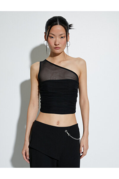Koton One Shoulder Crop Top Tulle Detailed Draped