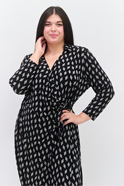 Anne Klein Women V Neck Long Sleeve Allover Print Midi Dress, Black