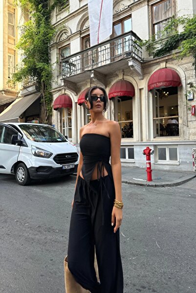 Eka Set de pantaloni bluză neagră cu șnur pentru femei 1006-5103