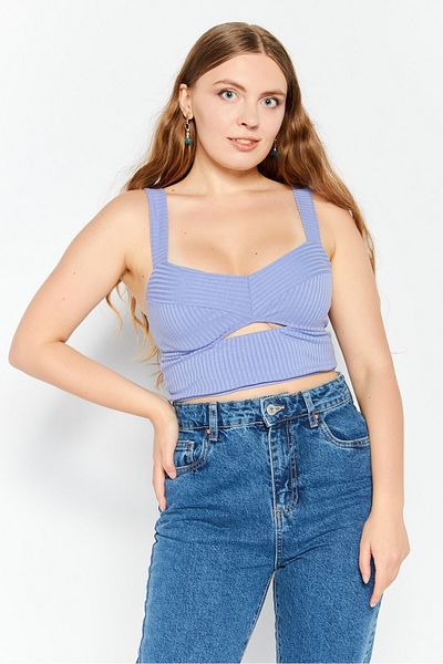 Etam Women Diamond Neck Sleeveless Ribbed Cut Out Crop Top, Violet Blue