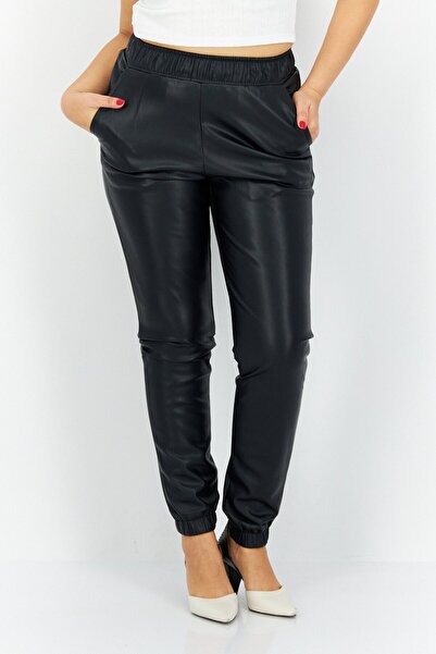 Weworewhat Women Regular Fit Plain Leather Jogger Pant, Black