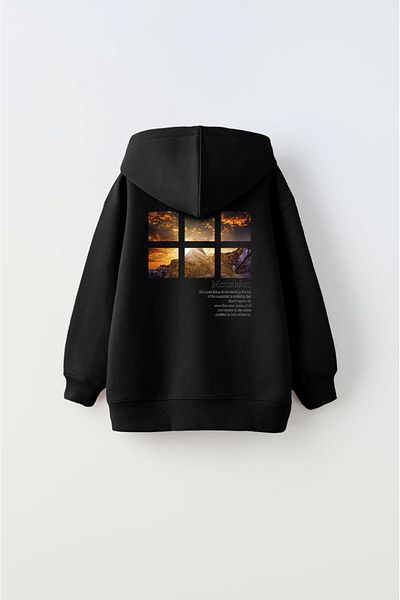 GIA - ART Black Hooded Fleece Inside Mountain Printed Unisex Children's Sweatshirt