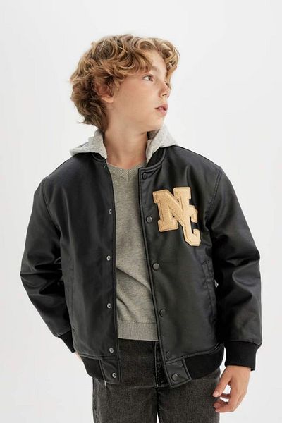 DeFacto Boy's Water Repellent Removable Hooded College Collar Faux Leather Bomber Coat C4326A824Au