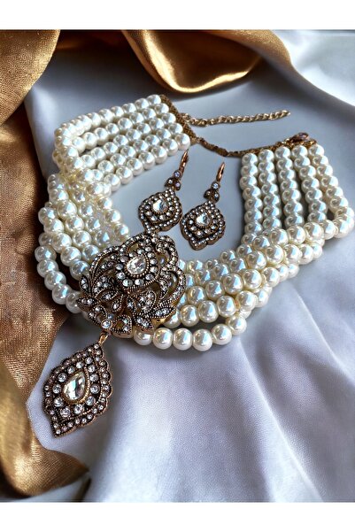 FAYRA ACCESSORIES Beyaz Kristal Taşlı İnci Kolye ve Küpe Seti
