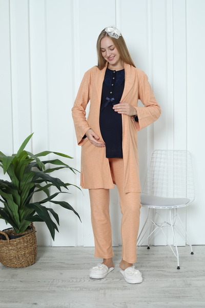 ERDENİZ TEKSTİL Maternity/Puerperium Buttoned Pajamas and Dressing Gown Set - Winter