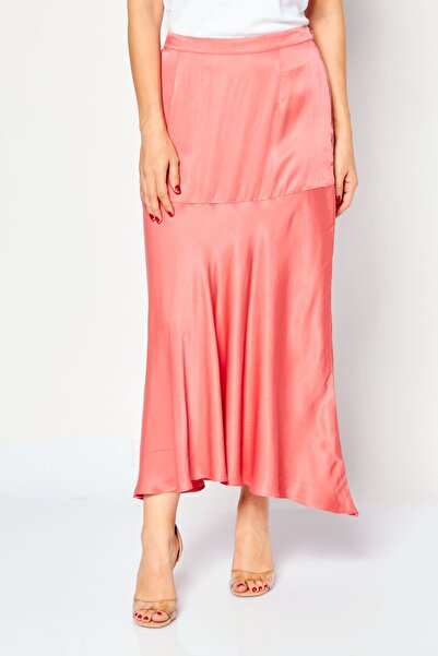 Kayfi Women Solid Casual Midi Skirts, Coral