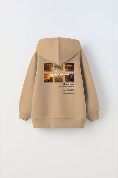 GIA-ART Beige Hooded Fleece Inside Mountain Printed Unisex Children's Sweatshirt