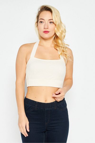 Etam Women Halter Neck Sleeveless Solid Crop Top, Cream
