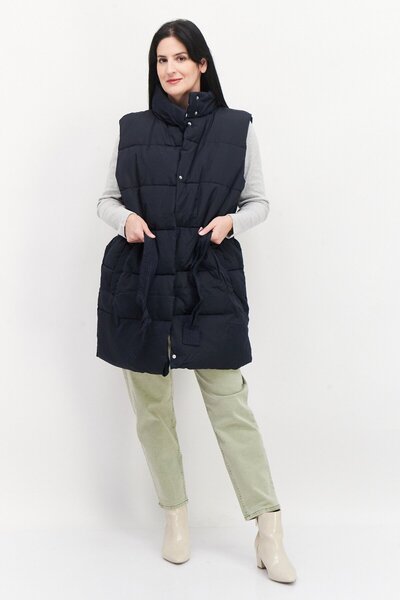 French Connection Women Belted Quilted Puffer Jacket Vest, Dark Navy