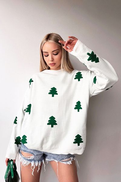 VAGGON Rochie de damă tricotată cu gât de bicicletă cu model arbore alb - Prm1343