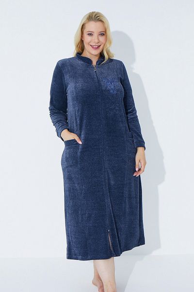 İntensive Navy Blue Long-Sleeved Zipper Embroidery Women's Plus Size Cotton Velvet Dress