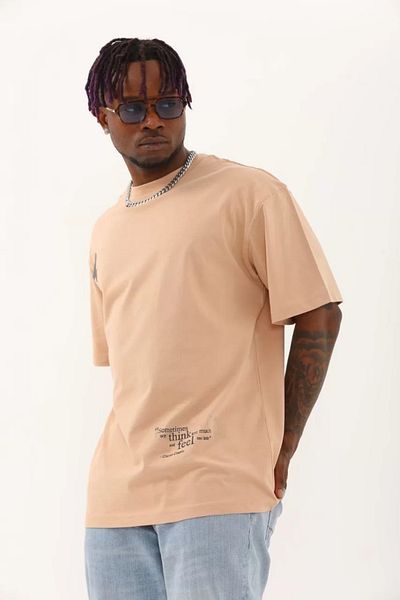 YALÇIN Μπλουζάκι Unisex Oversize Crew Neck σε μπεζ χρώμα - εμπριμέ