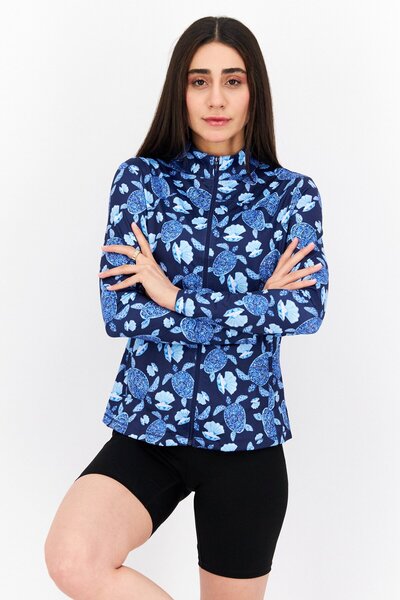 X by Gottex Women Sportswear Fit Long Sleeve Front Zip Jacket, Navy Blue Combo