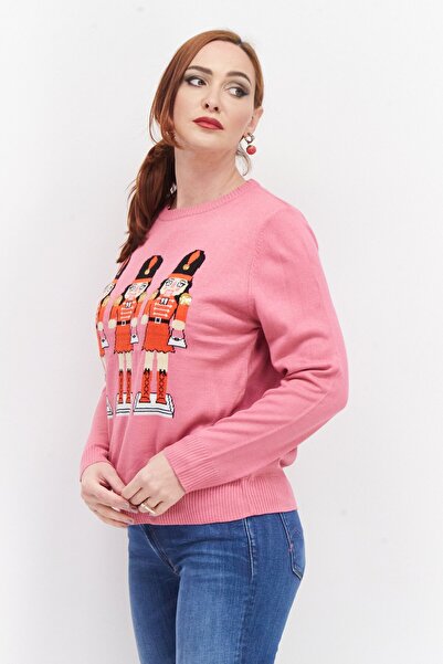 Threadbare Women Round Neck Textured Sweater, Pink Combo