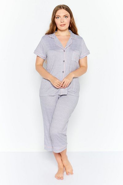 Rae dunn Women 2 Pieces Stripe Print Notch Collar Capri Pajama Set, Grey