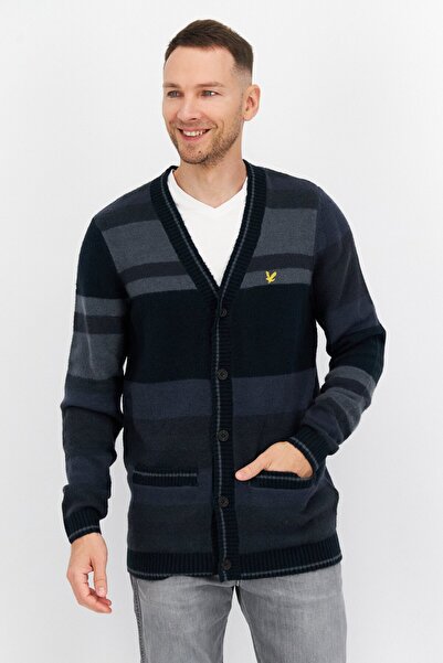Lyle & Scott Men V-Neck Long Sleeve Embroidered Logo Cardigan, Blue Combo