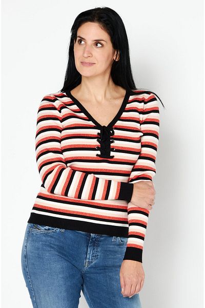 I.CODE Women V Neck Long Sleeve Stripe Knitted Sweaters, Black Combo