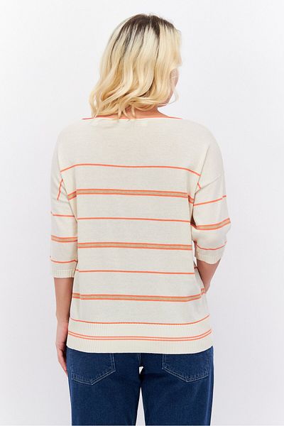 Esprit Women Round Neck Short Sleeve Striped Sweater, Beige Combo