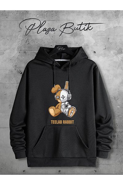 Plaza Butik Hanorac Teelab Rabbit, unisex, cu tăietură relaxată, supradimensionată, din bumbac, cu glugă, cu 3 fire