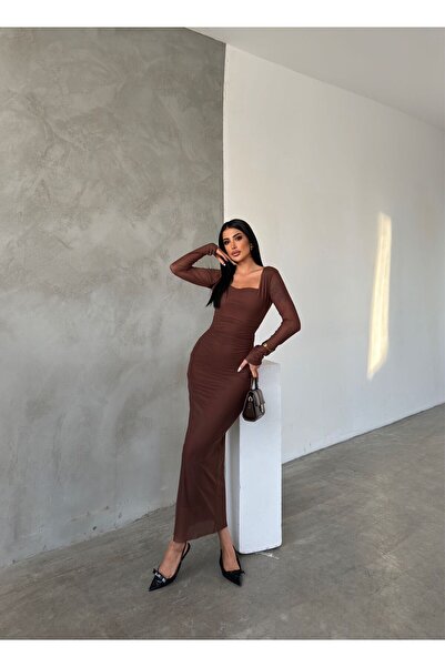 NFES TEKSTİL Kare Yaka Drapeli Sade Tül Elbiseler