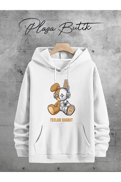 Plaza Butik Hanorac Teelab Rabbit, unisex, cu tăietură relaxată, supradimensionată, din bumbac, cu glugă, cu 3 fire