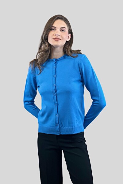 Miss Poem Kadın Bisiklet Yaka Düğmeli Uzun Kollu Basic Mavi Triko Hırka