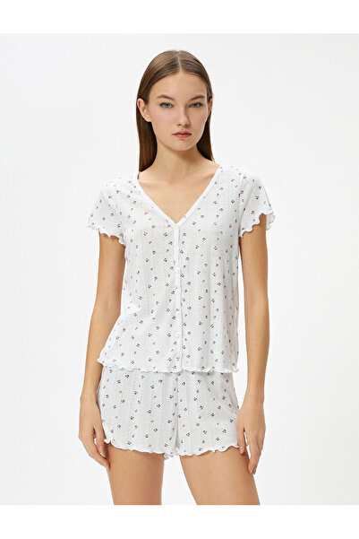Koton Shorts-Pyjama-Set mit kurzen Ärmeln, V-Ausschnitt und Knöpfen