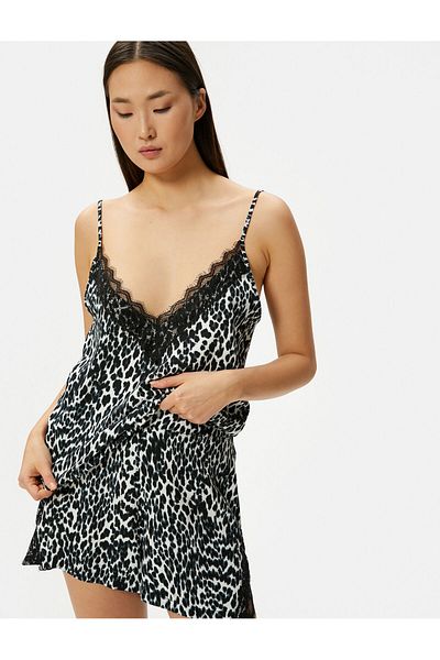 Koton Pyjama-Oberteil mit Leopardenmuster und dünnen Trägern aus Spitze und Viskose