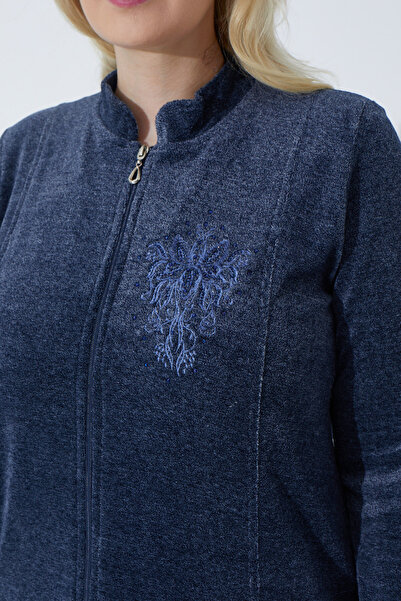 İntensive μπλε ναυτικό μακρυμάνικο κέντημα με φερμουάρ γυναικείο βαμβακερό βελούδινο φόρεμα