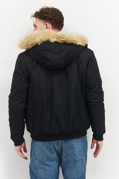 French Connection Men Faux Fur Hooded Plain Puffer Jacket, Black