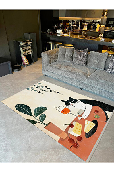 Rugs Modern Halı Özge Koleksiyonu Kedi Kadeh ve Peynir Desenli Dokuma Taban M...