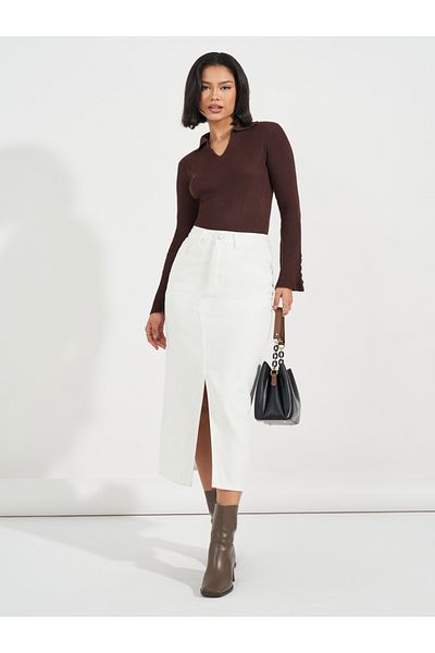 Styli High Rise Straight Hem Midi Skirt with Front Slit