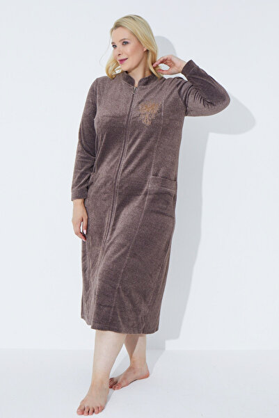 İntensive καφέ μακρυμάνικο κέντημα με φερμουάρ γυναικείο βαμβακερό βελούδινο μακρύ φόρεμα