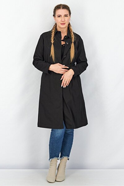 TWINSET Women Solid Long Sleeve Belted Trench Coat, Black