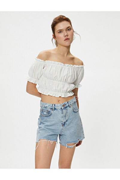 Koton Off Shoulder Μπλούζα Crop Balloon Sleeve Frilly