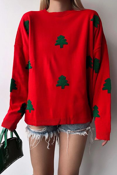 VAGGON Red Crew Neck Tree Patterned Women's Knitwear Prm1343