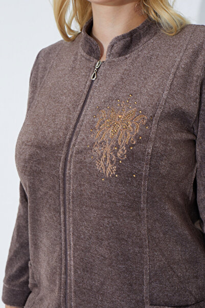 İntensive καφέ μακρυμάνικο κέντημα με φερμουάρ γυναικείο βαμβακερό βελούδινο μακρύ φόρεμα