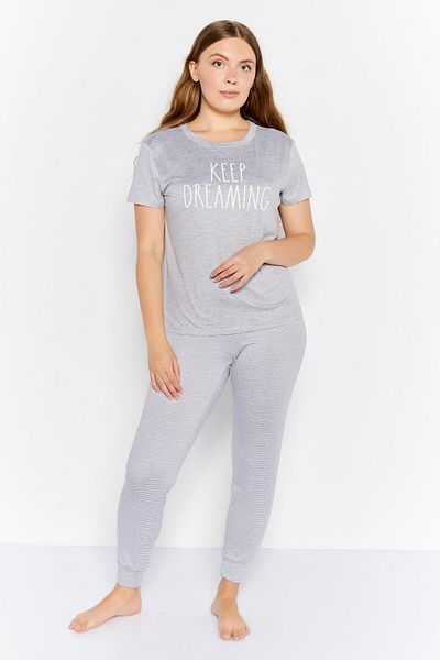 Rae dunn Women 2 Piece Heather Short Sleeve Top And Pajama, Grey