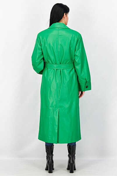 NA-KD Women Notch Collar Long Sleeve Plain Trench Coat, Green