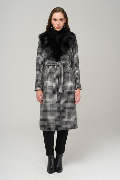 Olcay Mittellanger karierter Mantel mit abnehmbarem Pelzkragen und gebundener Taille SCHWARZ 3978