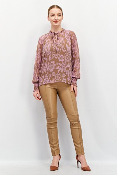 Esprit Women Tie Neck Long Sleeve Floral Print Top, Purple/Brown