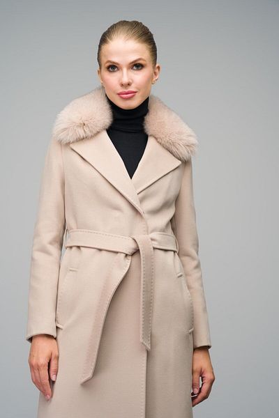 Olcay Beige Cashmere Coat - Shearling Collar, Punto Stitching, 3542-Tk