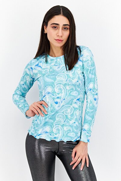 X by Gottex Women Crew Neck Long Sleeves Paisley Print Blouse, Turquoise
