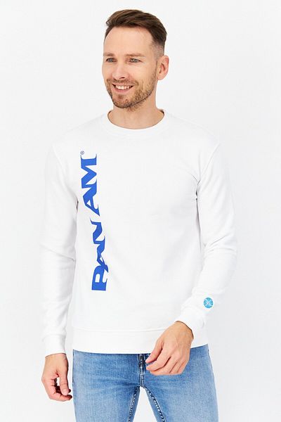 Pan Am Men Crew Neck Long Sleeve Brand Logo Sweatshirt, White